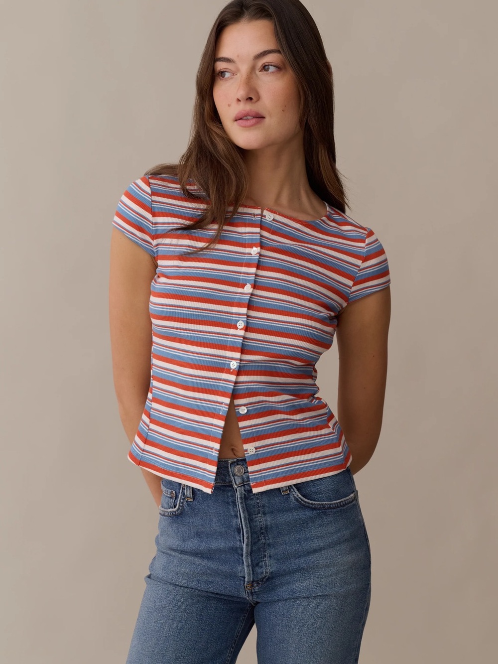 CAARA Prescott Striped Button-Front Ribbed Top in Red and Blue Sz small.